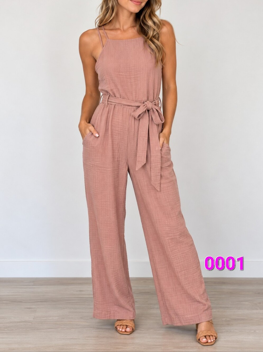 Womens Mauve Wide-Leg Jumpsuit with Tie Waist